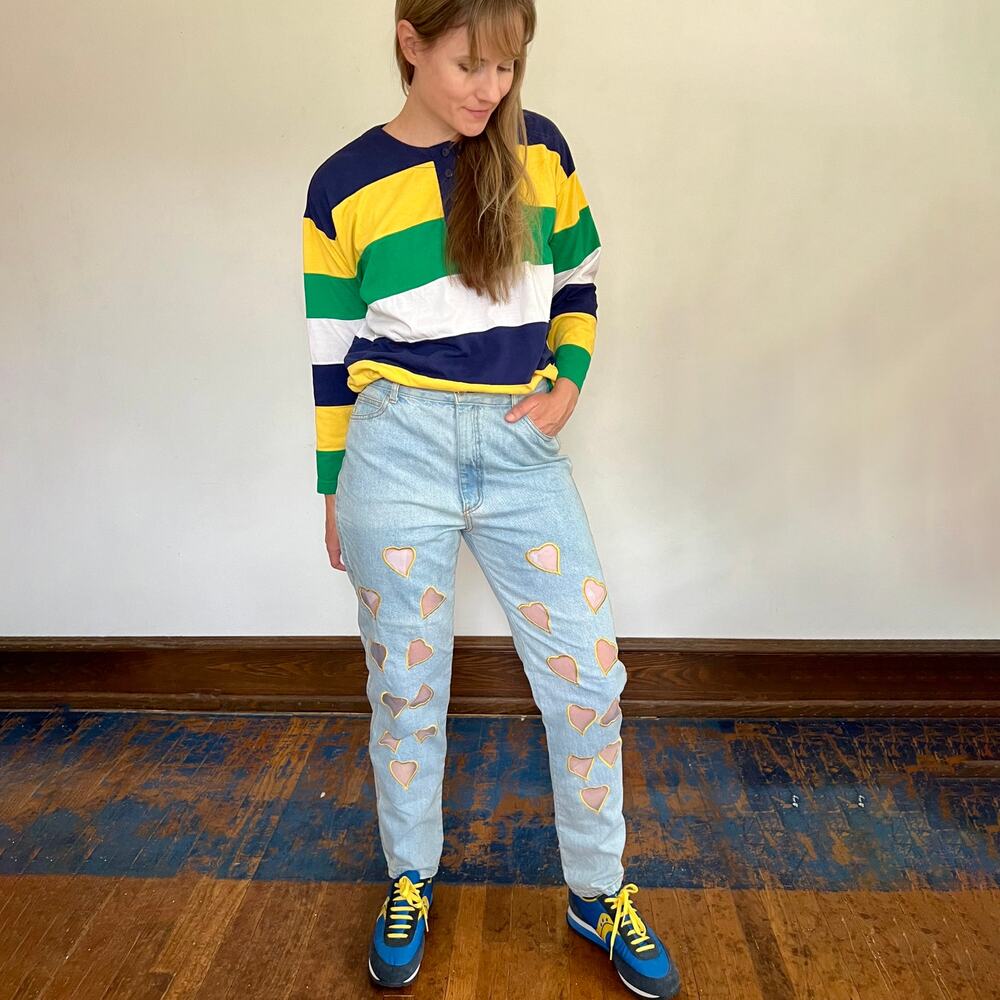 Vintage 90s Yellow Embroidered Heart Cut Out High Waisted Light Jeans 30 - 31" - Picture 8 of 12